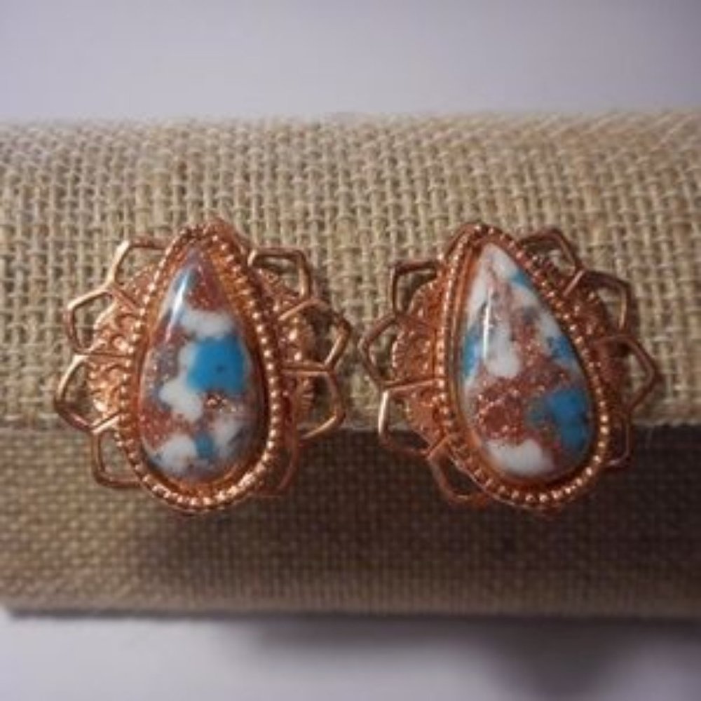 "Vintage Copper Turquoise Clip Earrings "